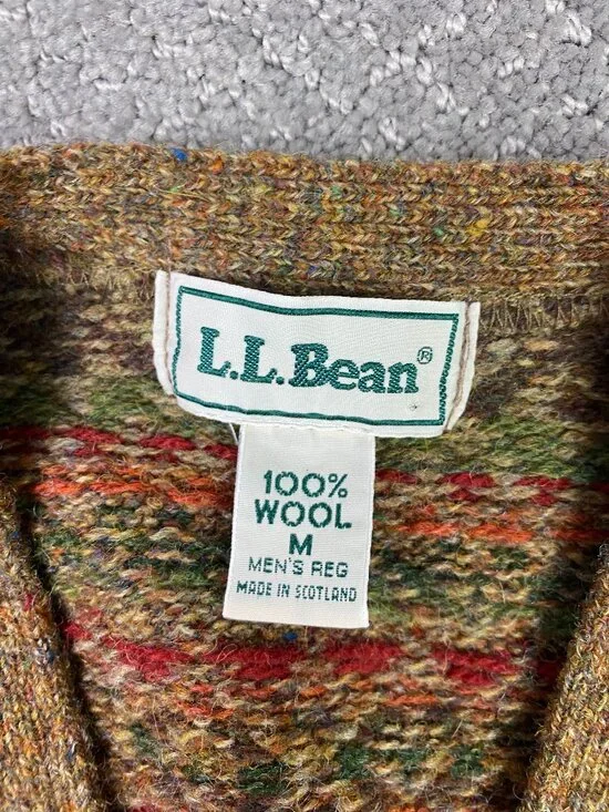 Vintage LL Bean Fair Isle Wool Cardigan Vest Sweater Men's Medium Scotland Brown - Picture 3 of 8